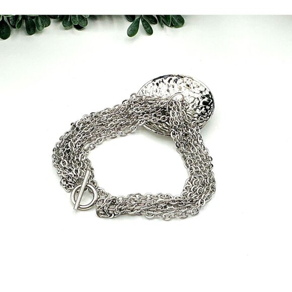 Silver Tone Multi-Strand Chain Bracelet With Hammered Circular Disc Pendant - Picture 4 of 6